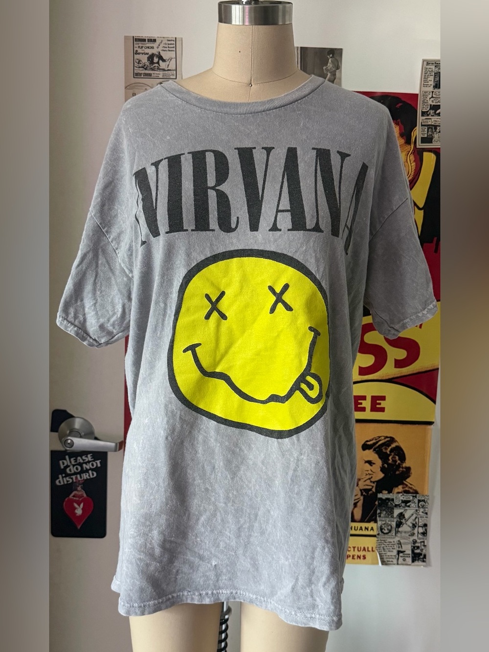 NIRVANA Gray Tee with Yellow Smiley Face Graphic